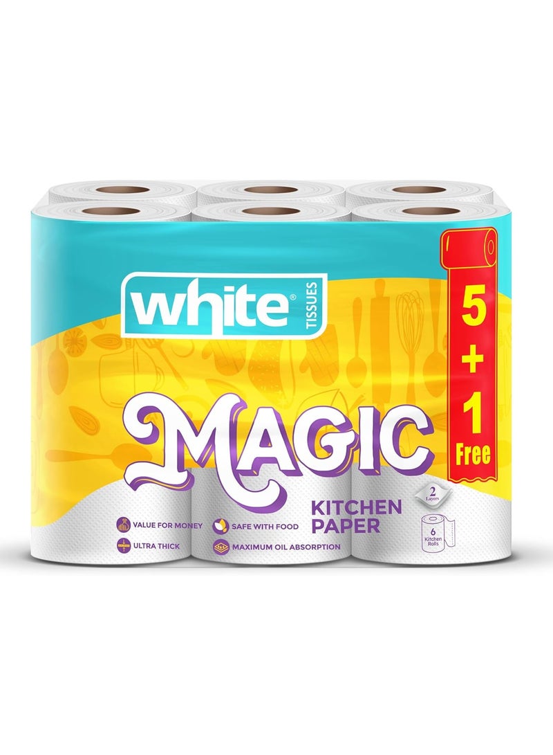 White Tissues Magic Kitchen Paper – Maximum Oil & Spill Absorption – 6 Rolls (5 + 1 Free) - Image 1